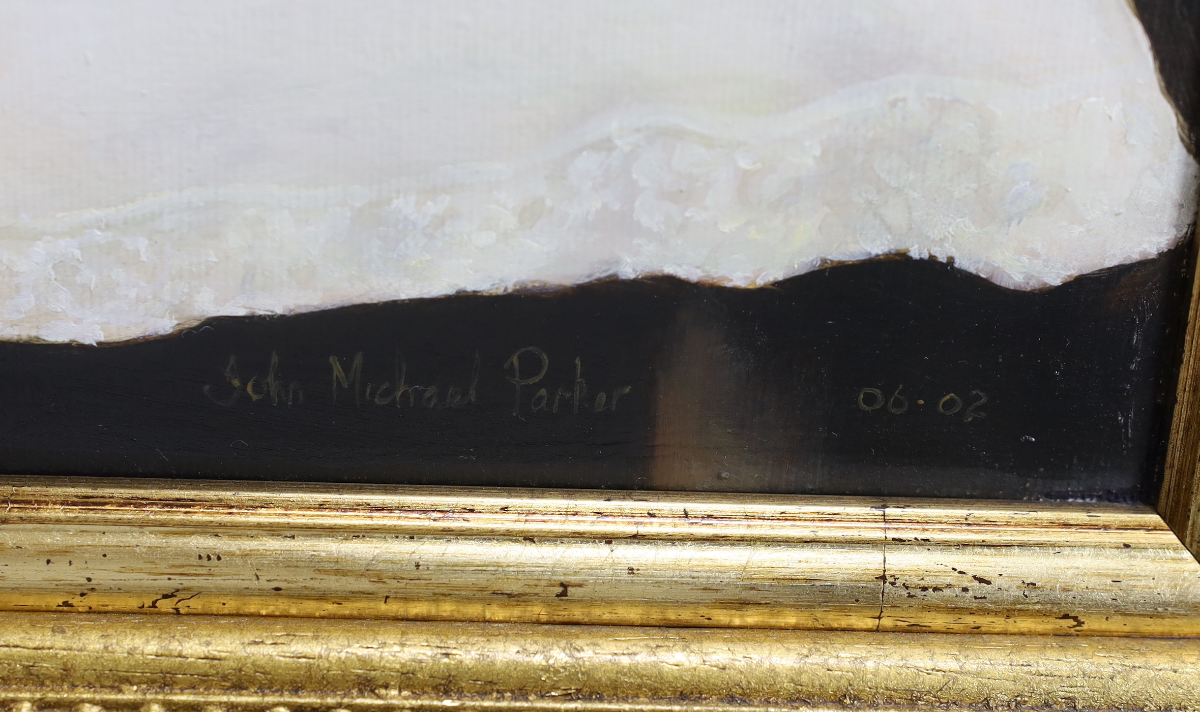 John Michael Parker, oil on canvas, 'The bedroom table', signed and dated 06.02, details verso, 30 x 39cm